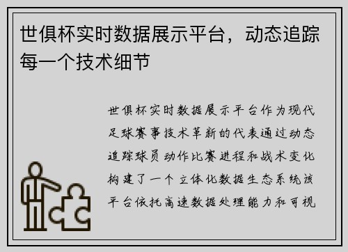 世俱杯实时数据展示平台，动态追踪每一个技术细节